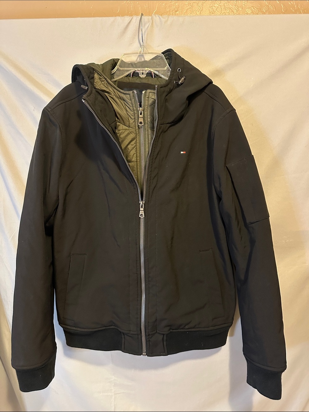 Tommy Hilfiger Black Hooded Performance Jacket with Olive Liner